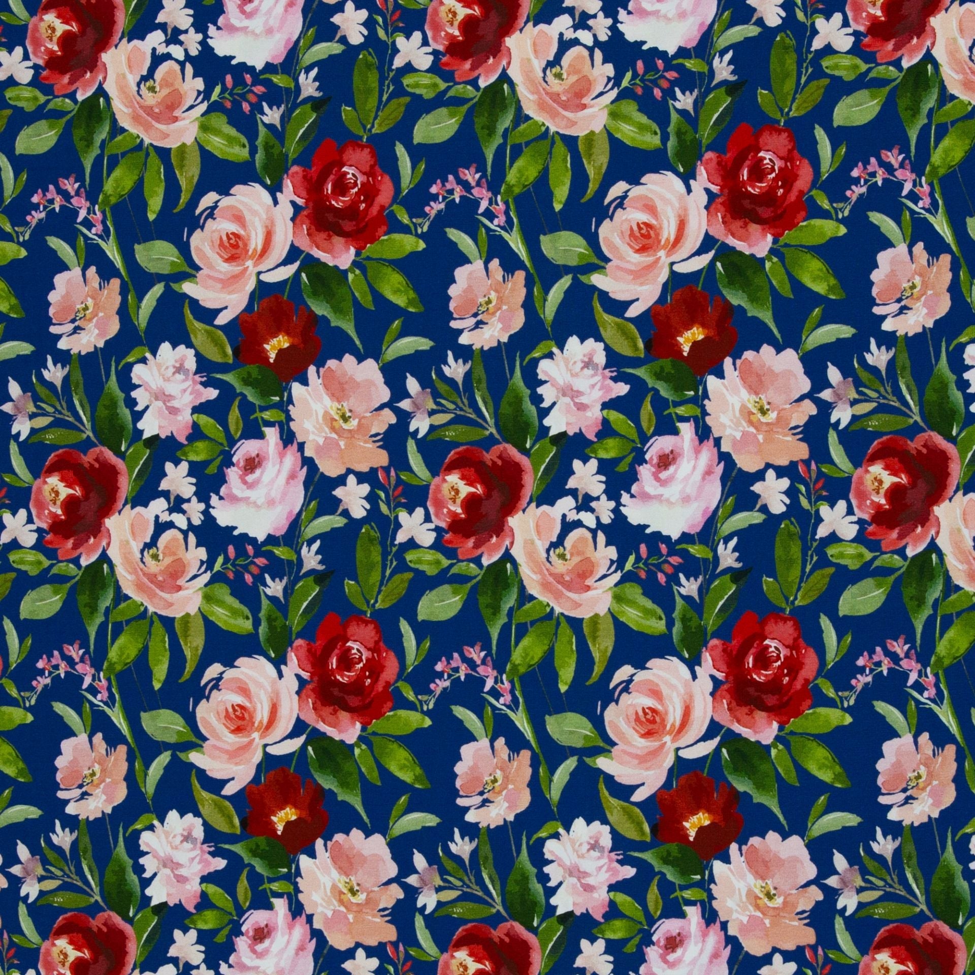 Jersey en coton - roses sur fond bleu 200 g/m²