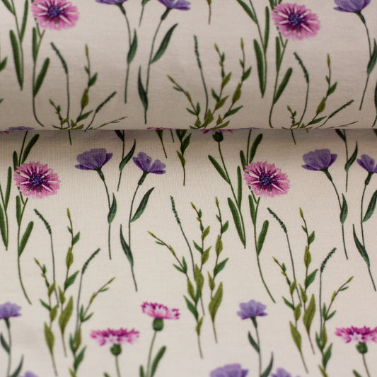 Cotton jersey - cornflowers and bells 200 g/m²