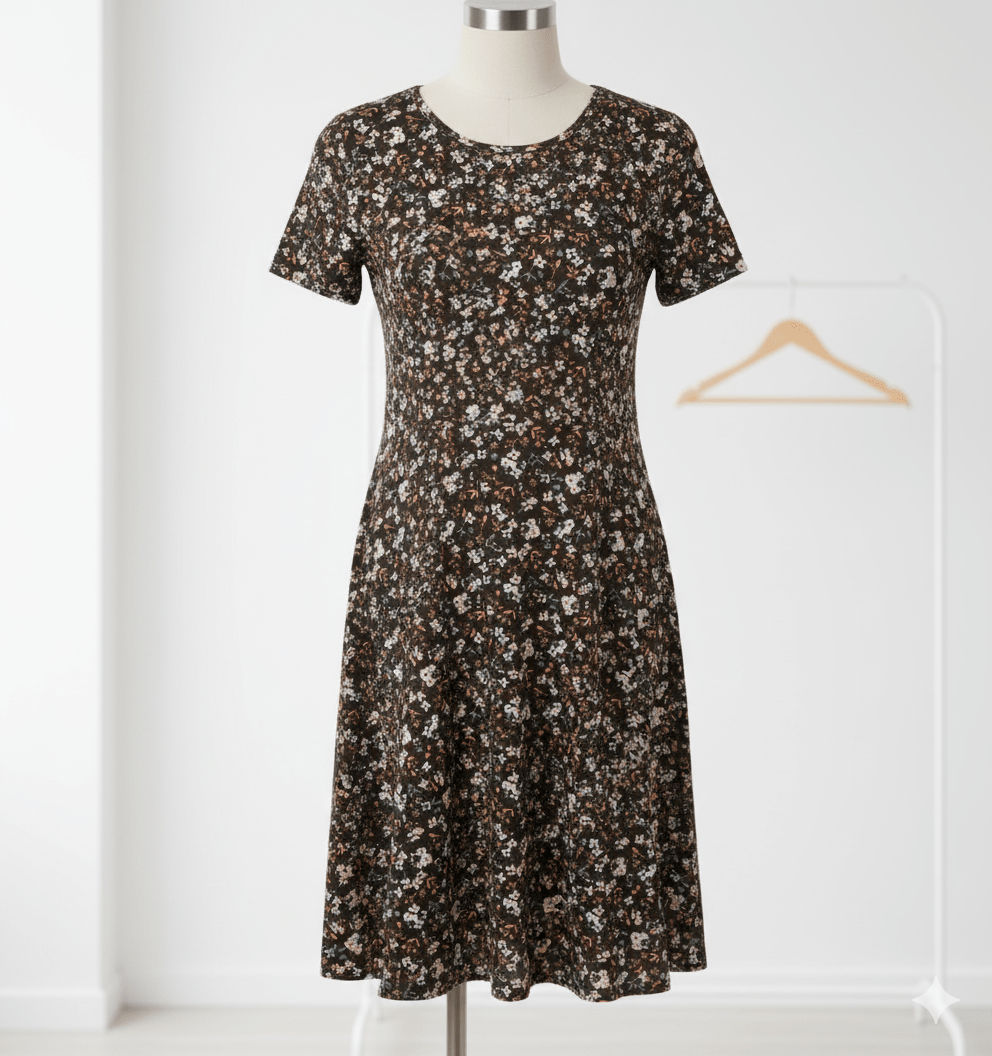 Image of cotton knit fabric - delicate little flowers on dark brown 200 g/m² – available at Šarlotes audumi