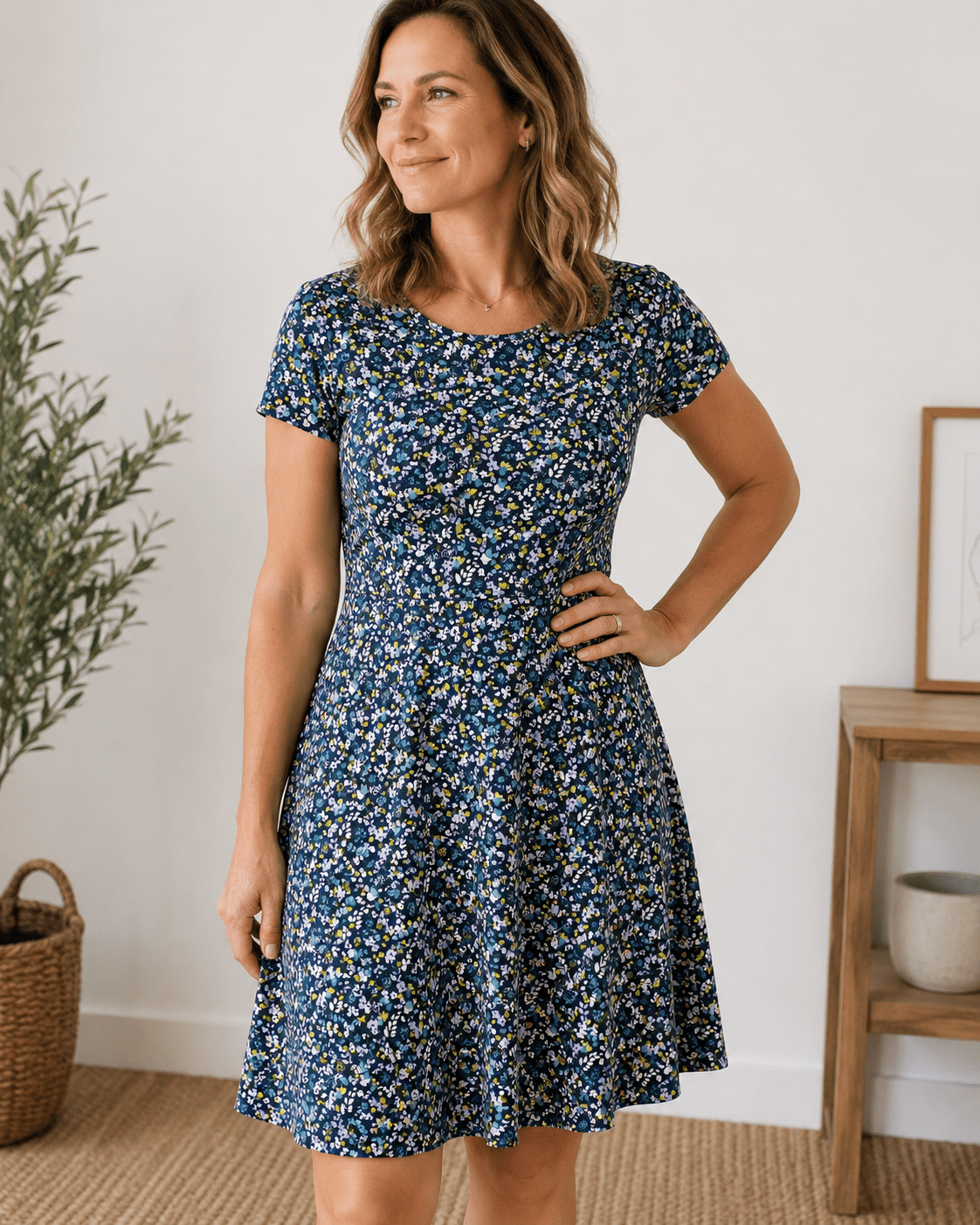 Image avec jersey de coton, petites fleurs délicates sur fond bleu foncé – disponible en ligne chez Šarlotes audumi