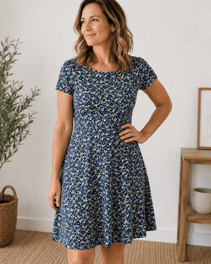 Image avec jersey de coton, petites fleurs délicates sur fond bleu foncé – disponible en ligne chez Šarlotes audumi