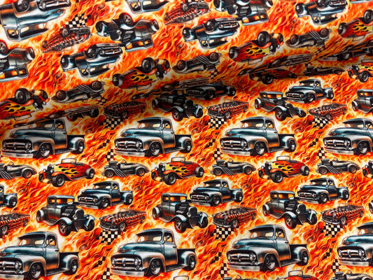 Cotton jersey - fiery cars 200 g/m²