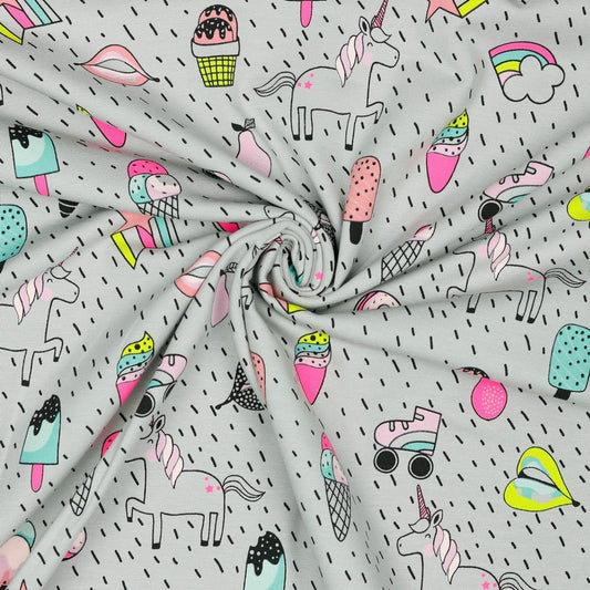 Image with cotton jersey - unicorn party 200 g/m² – available at Šarlotes audumi