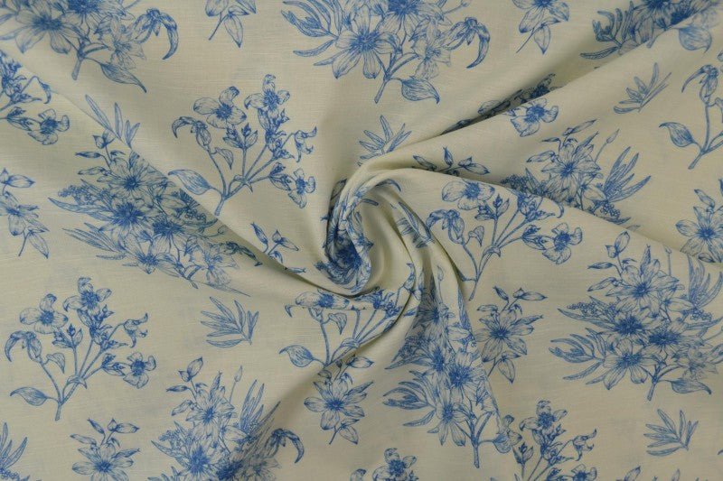 Image of linen with cotton - blue flowers 170 g/m² – available at Šarlotes audumi