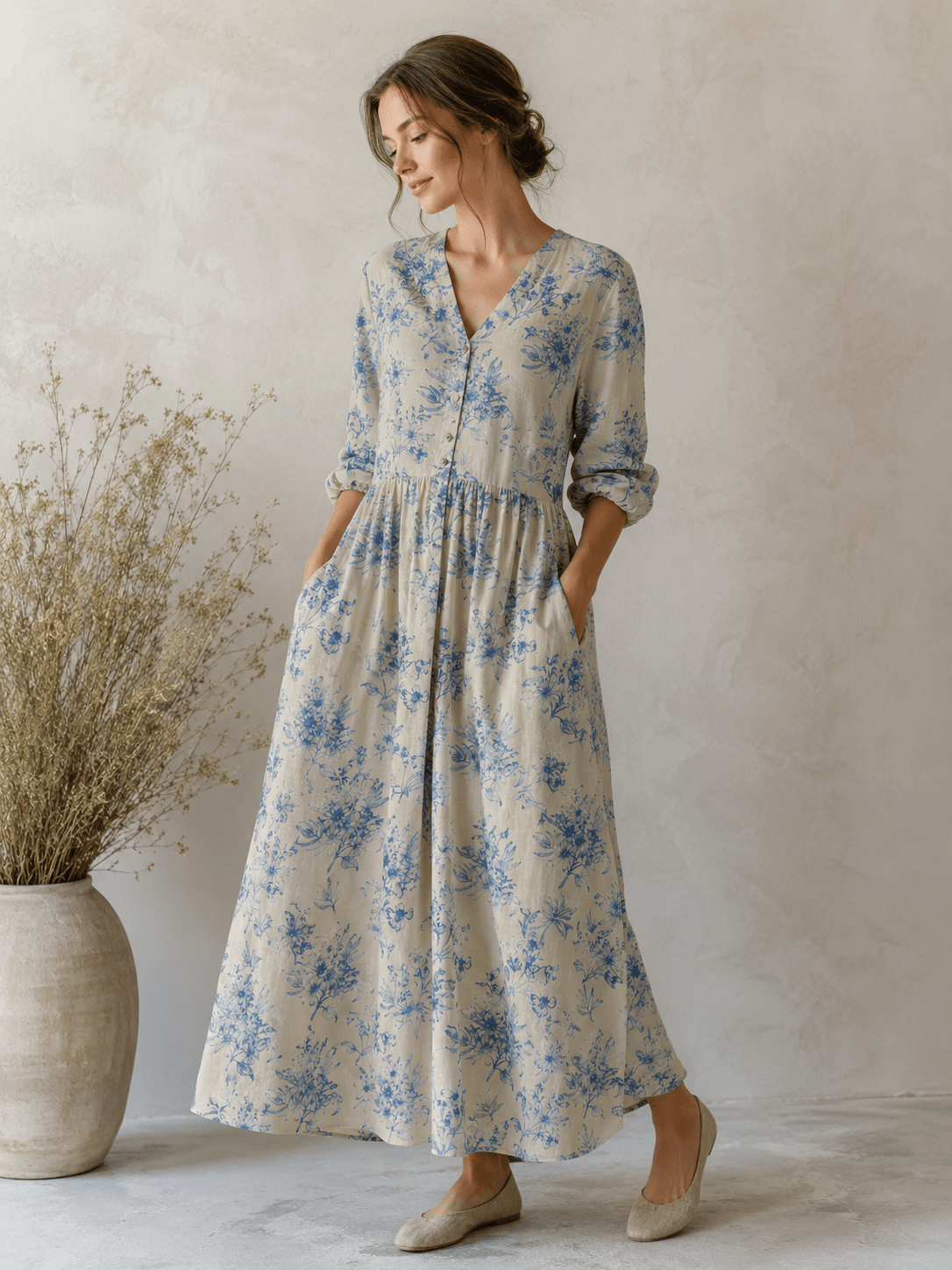 Image of linen with cotton - blue flowers 170 g/m² – available at Šarlotes audumi