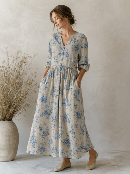 Image of linen with cotton - blue flowers 170 g/m² – available at Šarlotes audumi