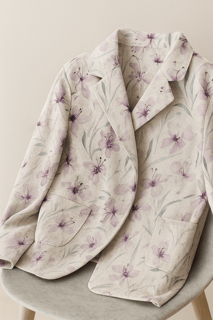Lin mélangé à de la viscose - fleurs lilas 200 g/m²