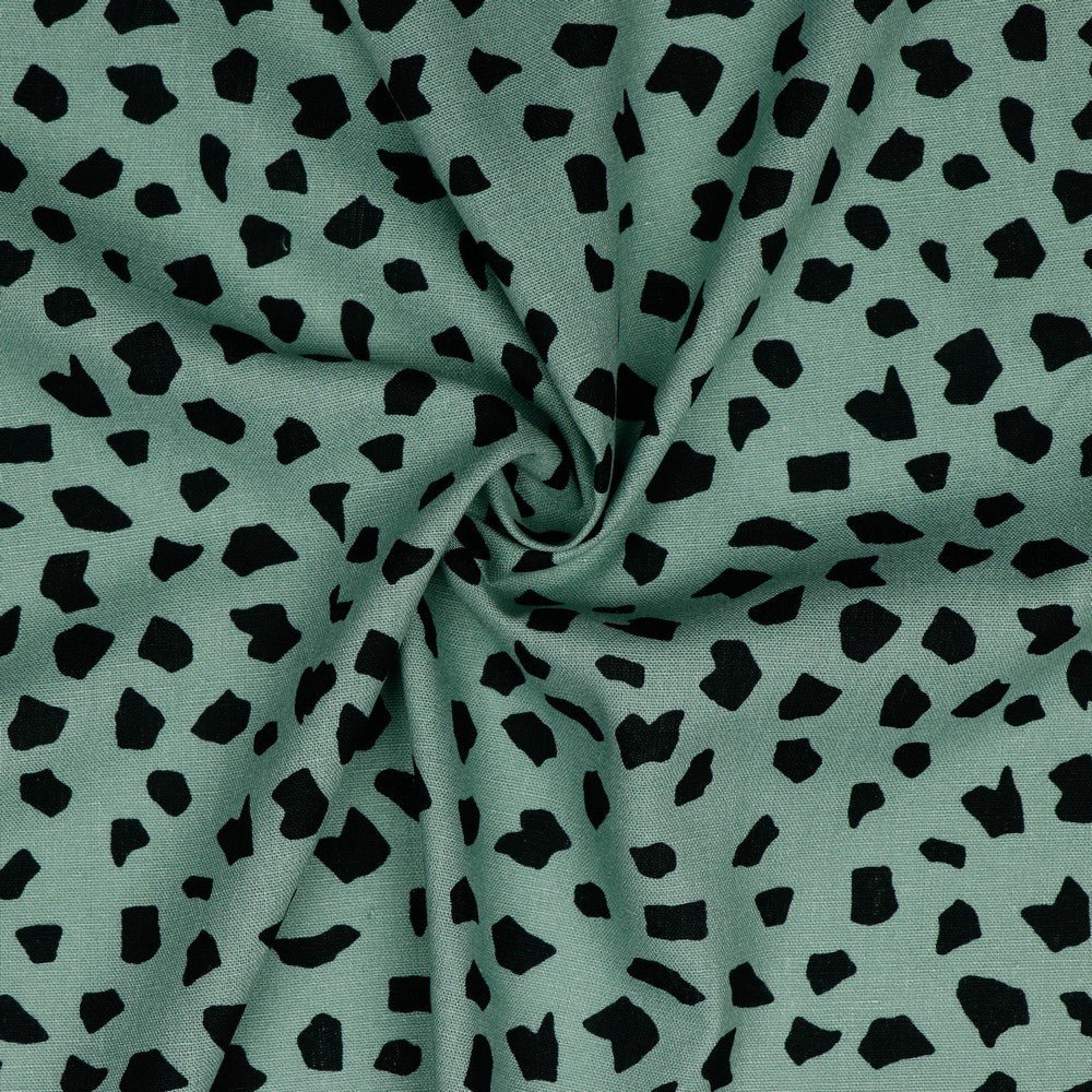 Lin avec viscose - pois noirs sur fond vert menthe foncé 180 g/m²