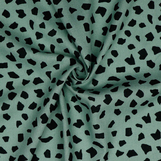 Lin avec viscose - pois noirs sur fond vert menthe foncé 180 g/m²