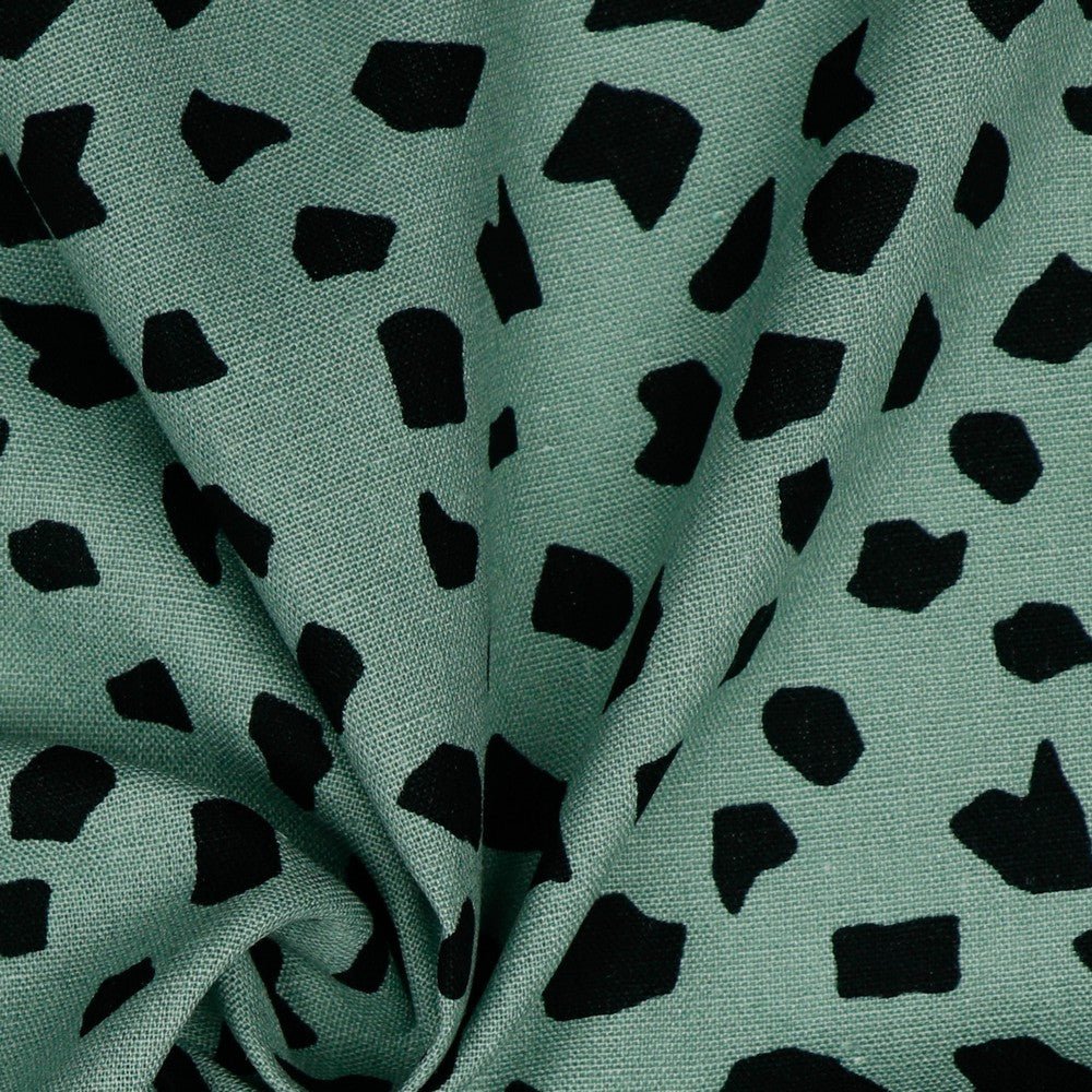 Lin avec viscose - pois noirs sur fond menthe foncé 180 g/m²