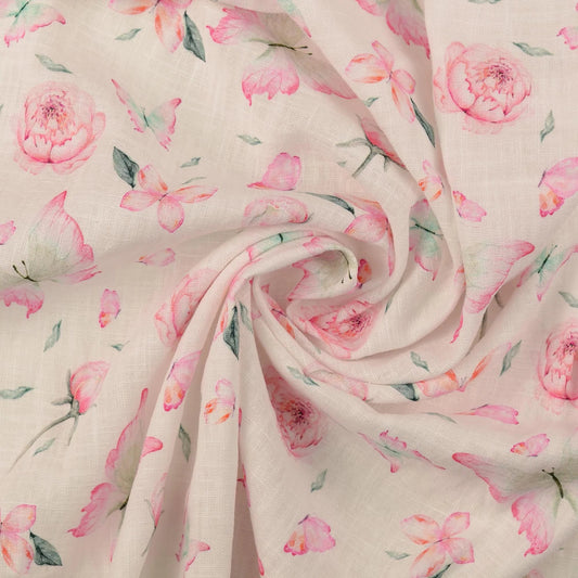 Image avec lin et viscose, pivoines et papillon 220 g/m² – disponible chez Šarlotes audumi