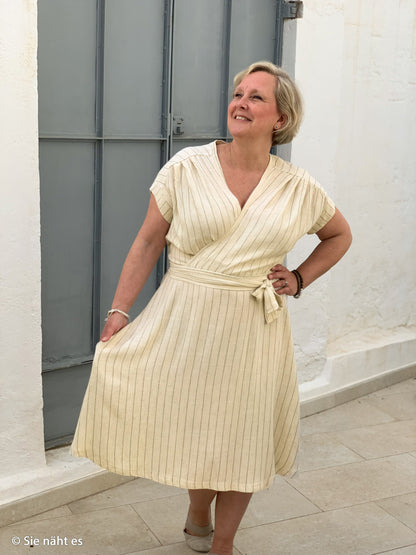 Lin avec viscose - rayures sur fond beige naturel 200 g/m²