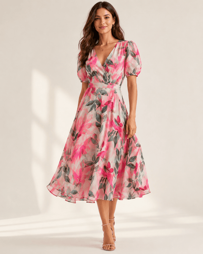 Image du tissu en lin et viscose - feuilles vertes et roses 180 g/m² – disponible chez Šarlotes audumi