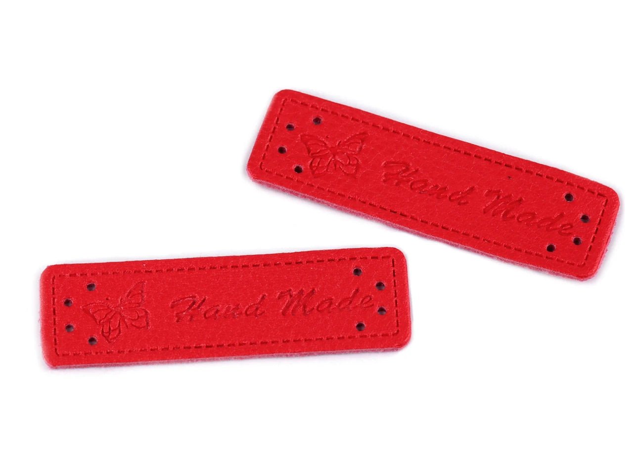 Image d’étiquettes en simili cuir Hand made, 5 pièces, rouges – disponibles chez Šarlotes audumi