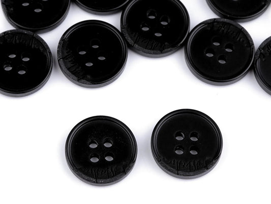 Bild mit schwarzgrauen Anzugknöpfen mit 4 Löchern – 15 mm-25 mm – online erhältlich bei Šarlotes audumi