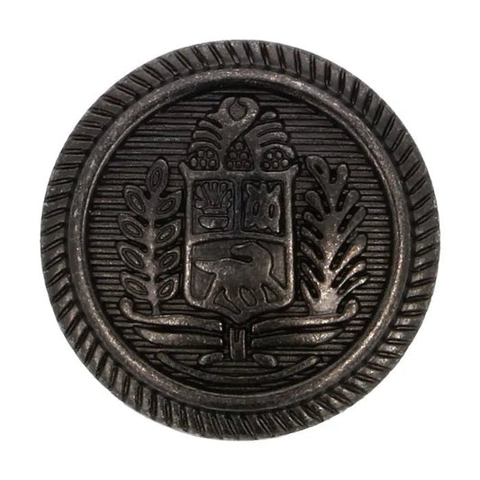 Metal button with coat of arms motif, 15 mm, antique silver color – available at Charlotte Fabrics