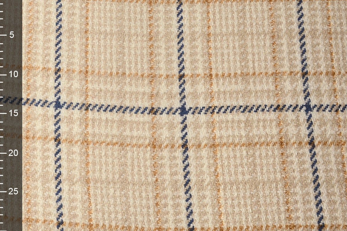 Tissu pour manteau bouclé, à carreaux crème, avec laine, 500 g/m²