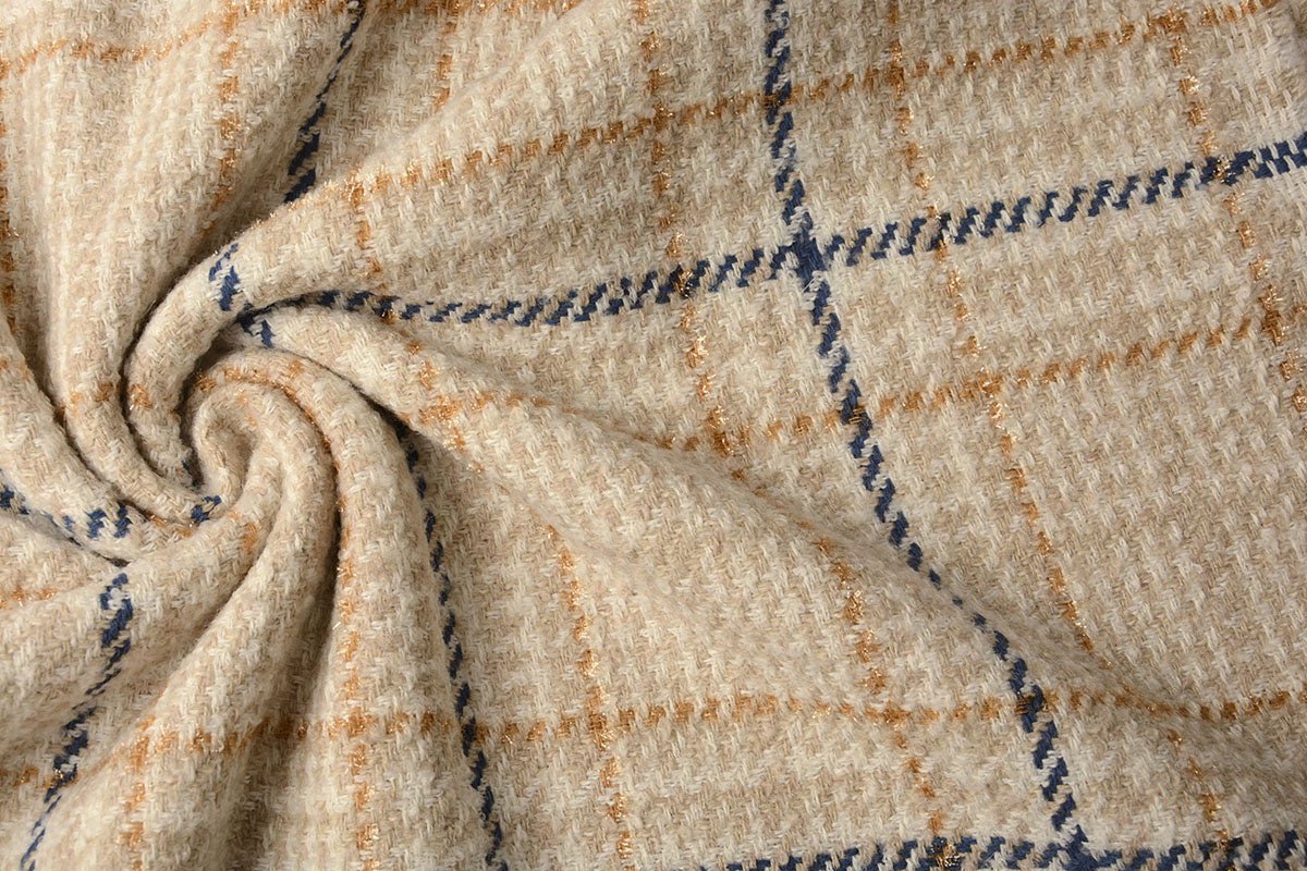 Tissu pour manteau bouclé à carreaux crème avec laine 500 g/m²