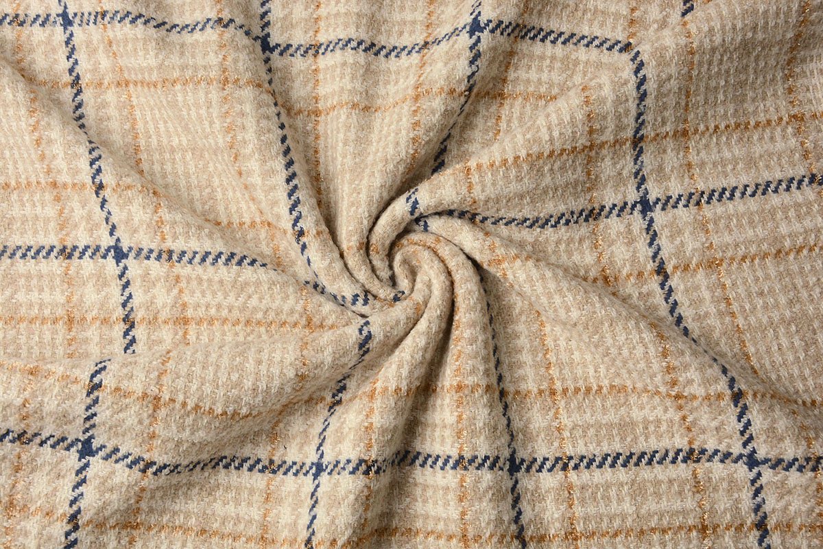 Tissu pour manteau bouclé, à carreaux crème avec laine 500 g/m²