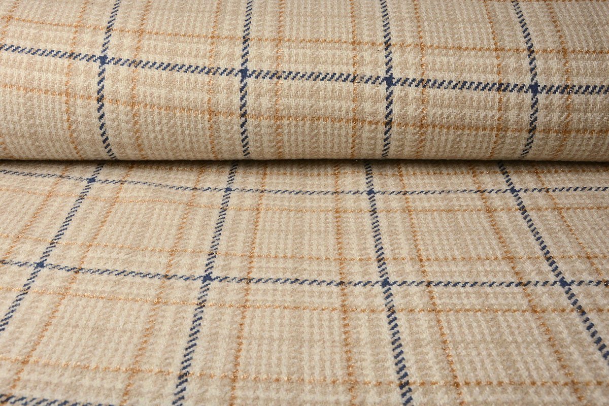 Tissu de manteau bouclé, à carreaux crème, avec laine, 500 g/m²