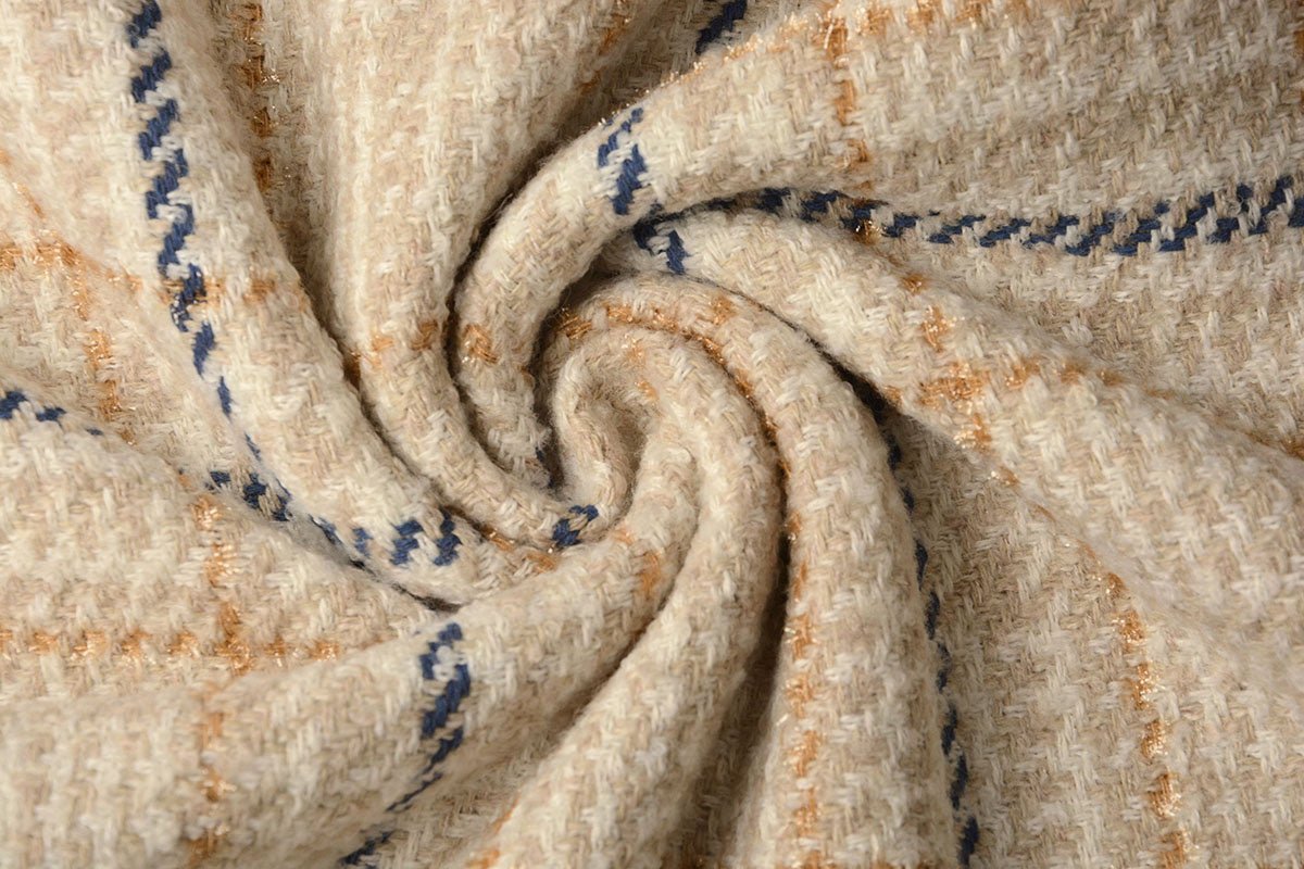 Tissu pour manteau bouclé, à carreaux crème avec laine 500 g/m²