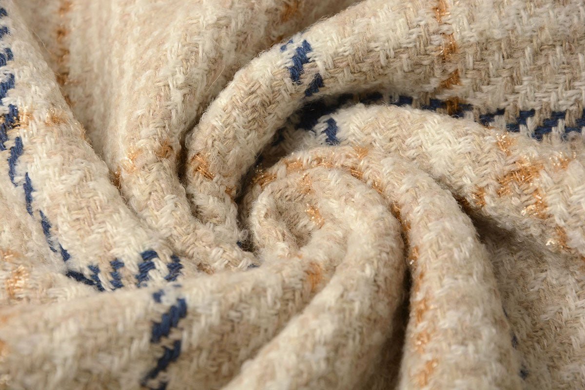 Tissu pour manteaux bouclé, à carreaux crème avec laine 500 g/m²
