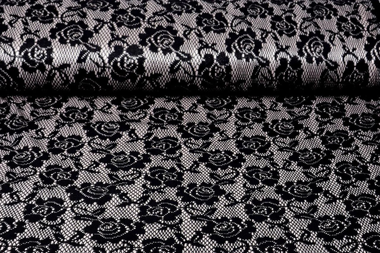 Image de tissu en dentelle noir avec doublure en satin blanc 155 g/m² – disponible chez Šarlotes audumi