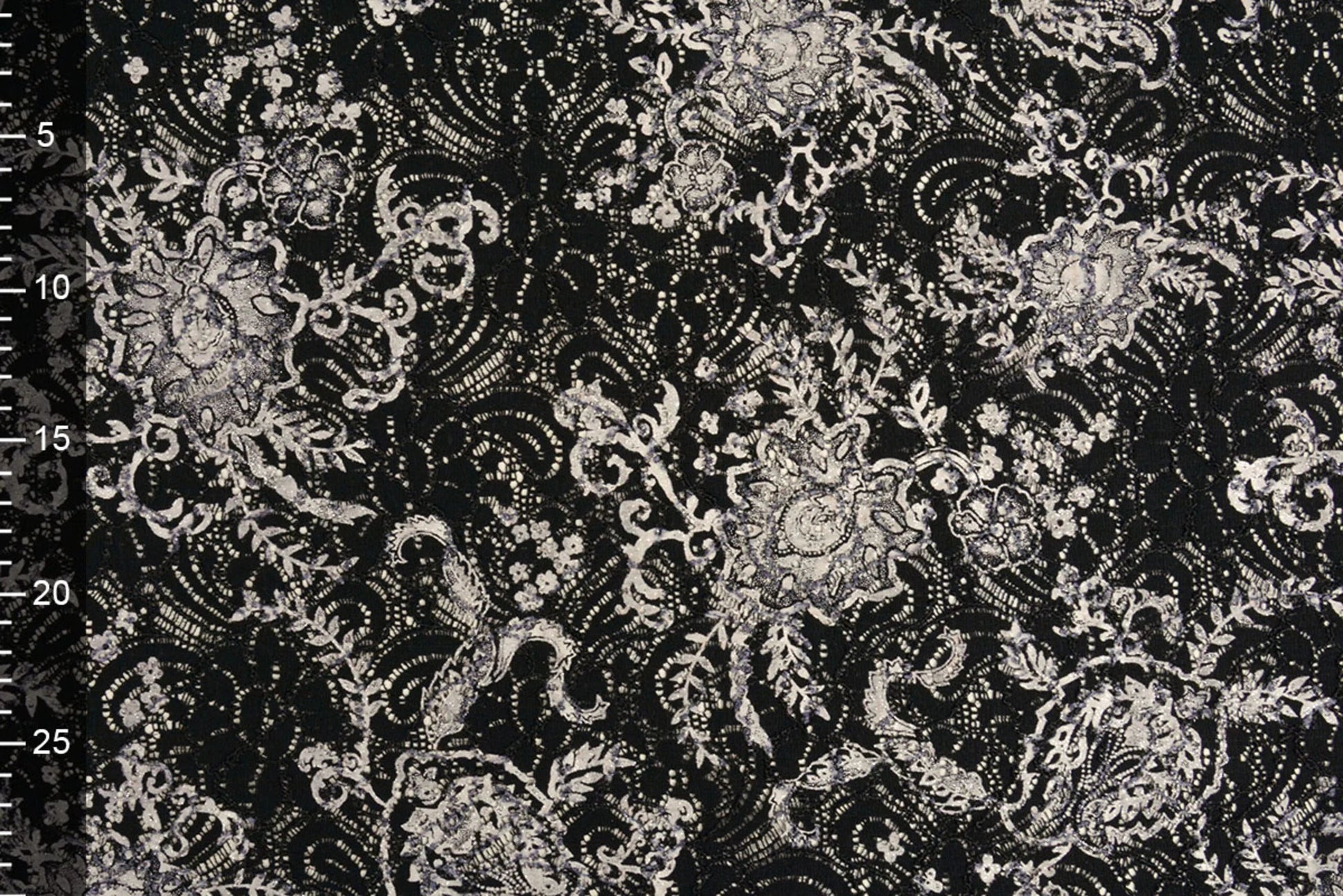 Image de tissu en dentelle noir et argent 210 g/m² – disponible chez Šarlotes audumi