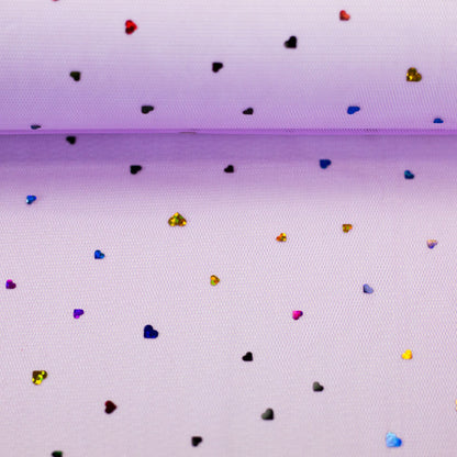 Image with soft tulle with hearts on a lilac background 40 g/m² – available at Šarlotes audumi