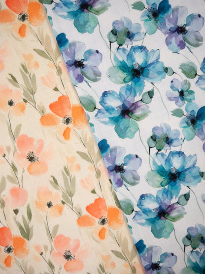 Image de mousseline - fleurs bleues 130 g/m² – disponible chez Šarlotes audumi