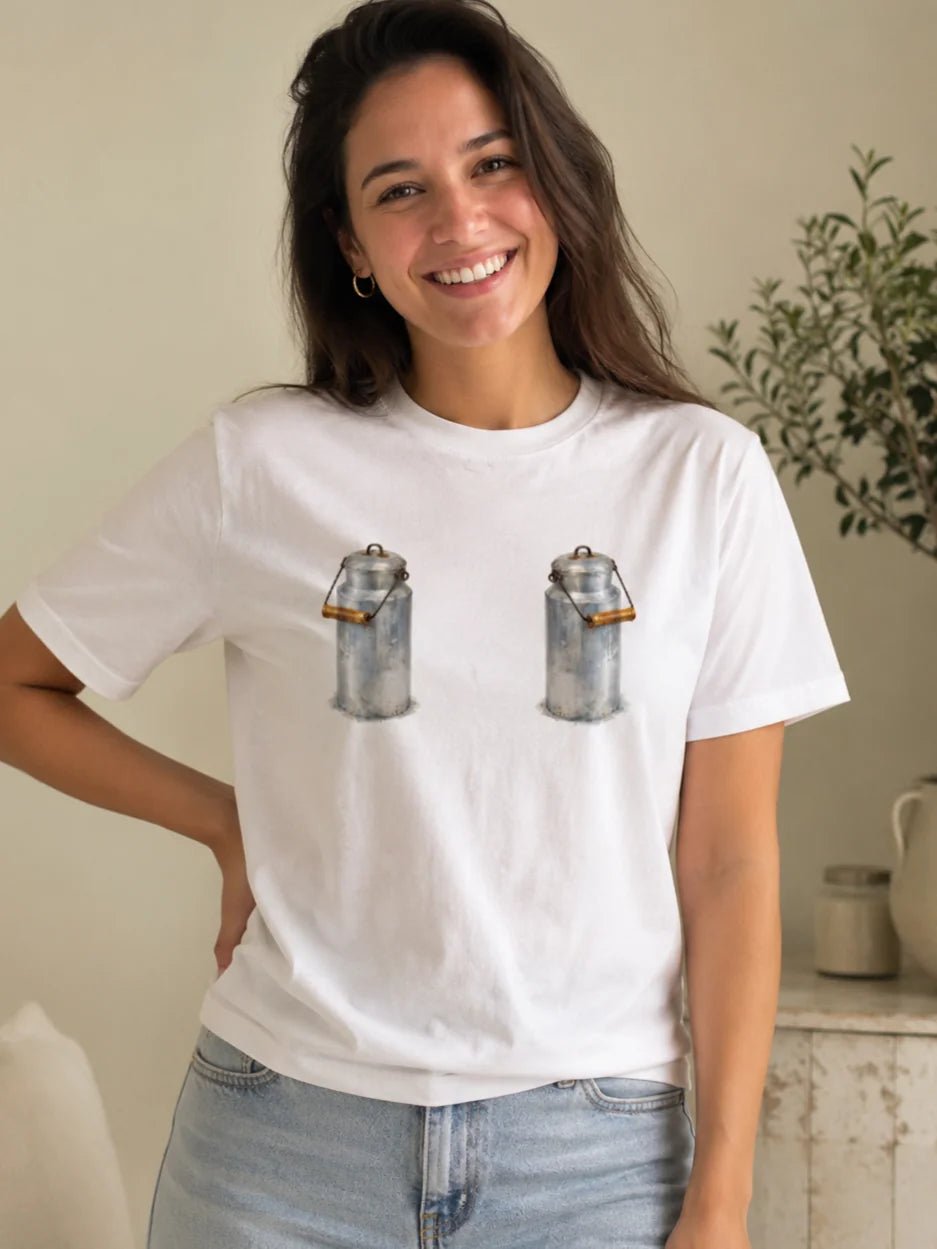Bild von Organisches Baumwoll-T-Shirt "Milchkannen" – online erhältlich bei Šarlotes audumi