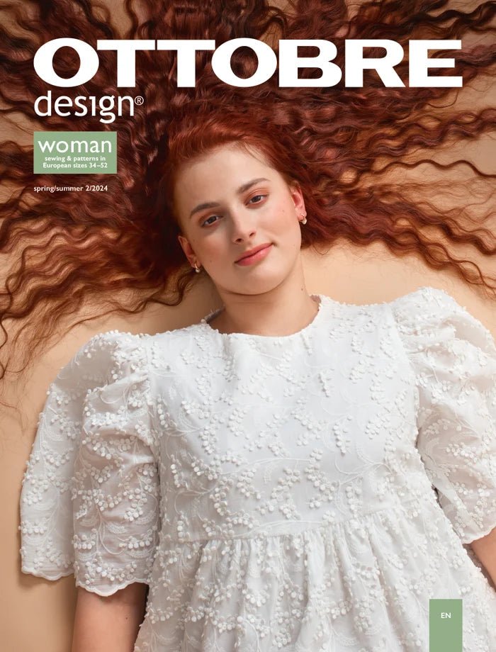 Image du magazine de patrons de vêtements pour femmes OTTOBRE design Woman 2/2024, en anglais, disponible en ligne chez Šarlotes audumi