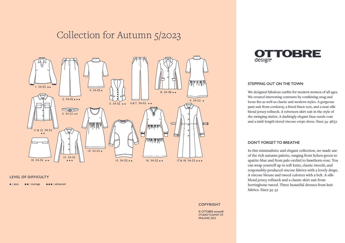 Image du magazine de patrons pour vêtements femme OTTOBRE design Woman 5/2023, en anglais – disponible en ligne chez Šarlotes audumi