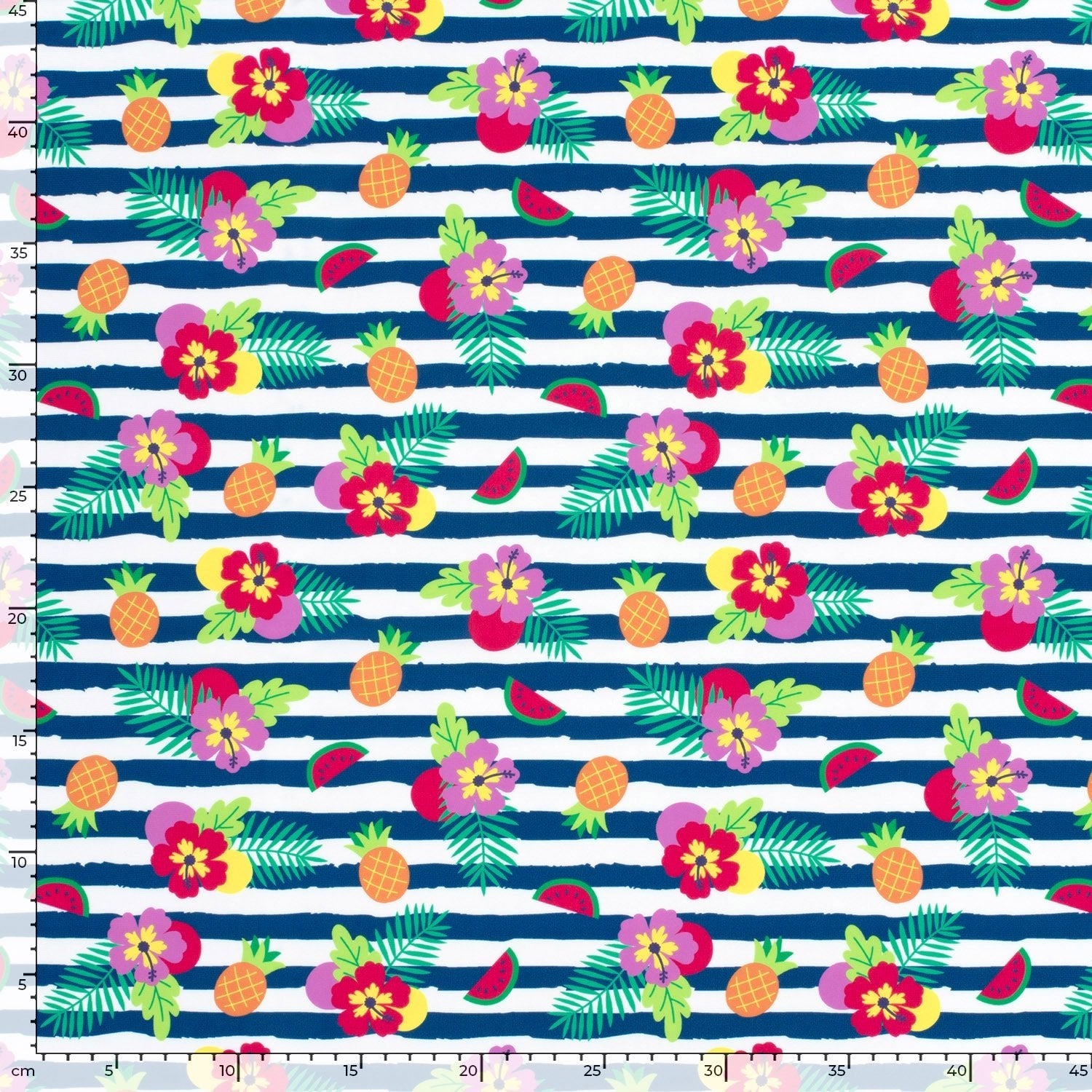 Image d’un tissu de maillot de bain en lycra avec protection UPF50 – motif tropical en lignes 200 g/m² – disponible chez Šarlotes audumi
