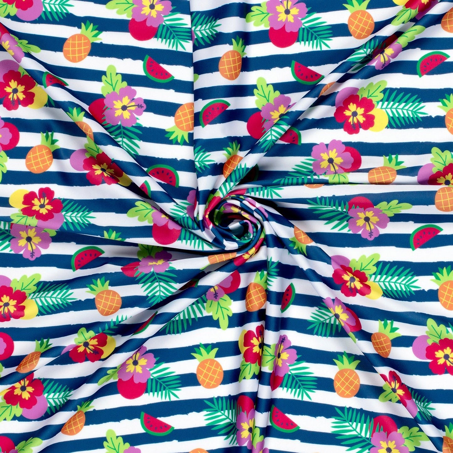 Image d’un tissu pour maillot de bain en lycra avec protection UPF50 – motif tropical à rayures 200 g/m² – disponible chez Šarlotes audumi