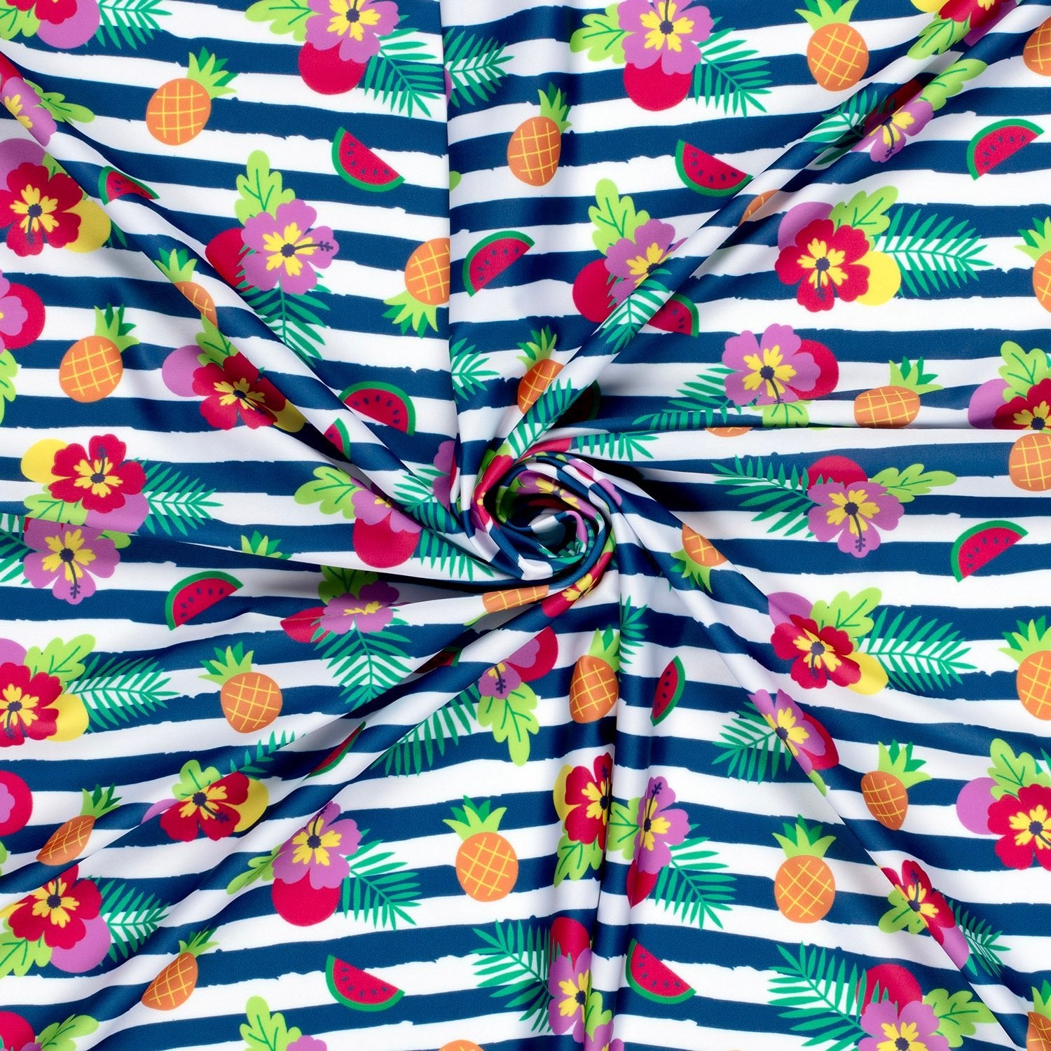 Image d’un tissu pour maillot de bain en lycra avec protection UPF50 – motif tropical à rayures 200 g/m² – disponible chez Šarlotes audumi
