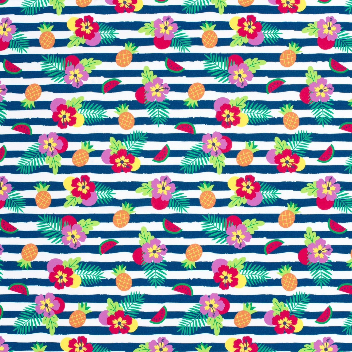 Image du tissu lycra pour maillot de bain avec protection UPF50 – motif tropical à rayures 200 g/m² – disponible chez Šarlotes audumi