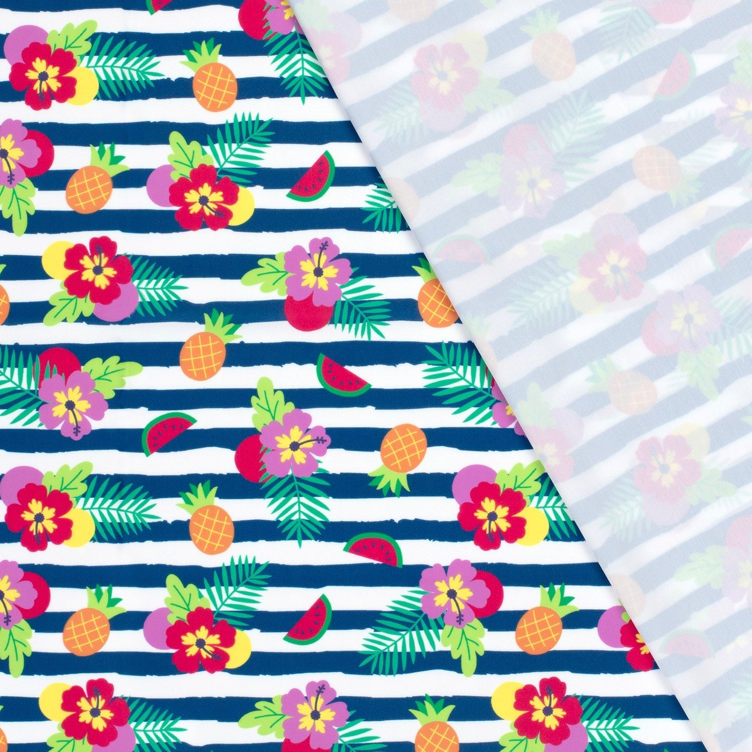 Image d’un tissu de maillot de bain en lycra avec protection UPF50 – motif tropical en lignes 200 g/m² – disponible chez Šarlotes audumi