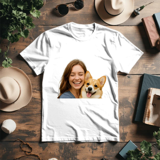 Image d’un T-shirt personnalisé avec ta photo et celle de ton animal de compagnie – disponible en ligne Šarlotes audumi