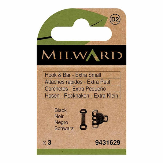 Sew-on hook and eye fasteners, XS size - black (pack of 3 pairs)