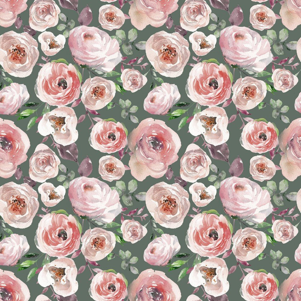 Thin cotton jersey - roses on a green background 200 g/m²