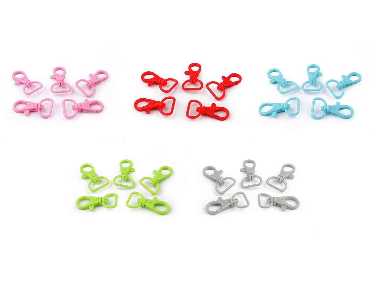 Image de mousquetons en plastique avec mécanisme pivotant – 17 mm, lot de 5 | tons assortis – disponible chez Šarlotes audumi