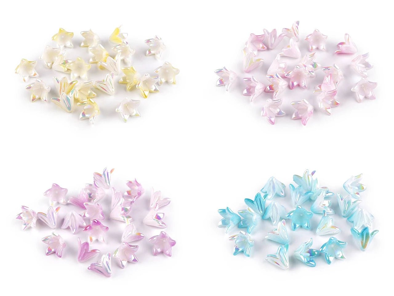 Image of plastic flower-shaped beads with a pearl effect, 12×16 mm, 20 pcs. – available at Šarlotes audumi