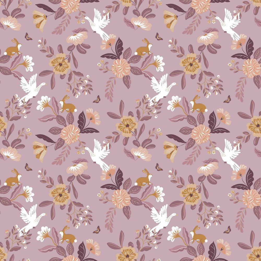 Premium 100% cotton fabric - doves on a lilac background (GOTS certified) 110 g/m²