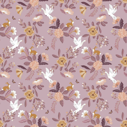 Premium 100% cotton fabric - doves on a lilac background (GOTS certified) 110 g/m²
