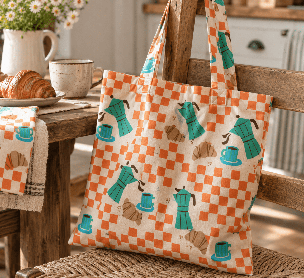 Image avec tissu Premium 100 % coton-Espresso et croissant – disponible en ligne chez Tissus de Charlotte