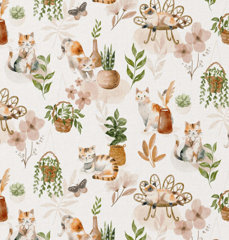 Image du tissu premium 100 % coton avec chats et plantes d'intérieur – disponible en ligne chez Tissus Charlotte