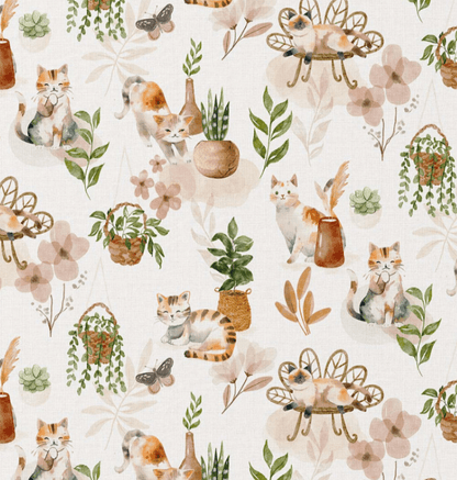 Image du tissu premium 100 % coton avec chats et plantes d'intérieur – disponible en ligne chez Tissus Charlotte