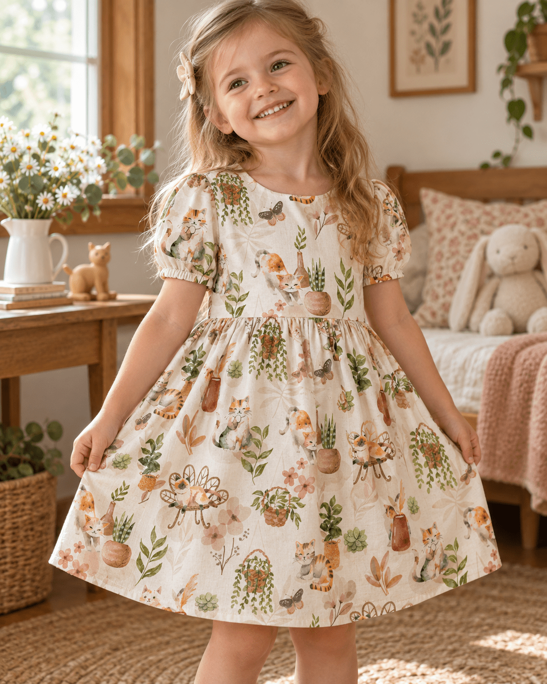 Image du tissu premium 100 % coton avec chats et plantes d'intérieur – disponible en ligne chez Tissus Charlotte