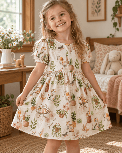 Image du tissu premium 100 % coton avec chats et plantes d'intérieur – disponible en ligne chez Tissus Charlotte